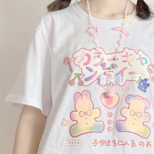 Blusa Holgada Estilo Colegiala Japonesa con Estampado Conejito Dulce para Verano