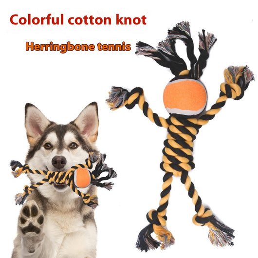 Black and yellow twisted rope dog toy with a bright orange and white tennis ball in the center, for chewing.