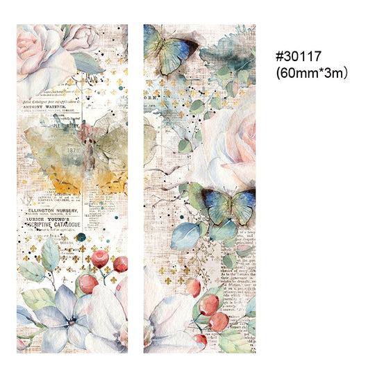 Two rolls of vintage floral washi tape with clocks, feathers, and text overlays, measuring 55mm x 5m. - Image 23