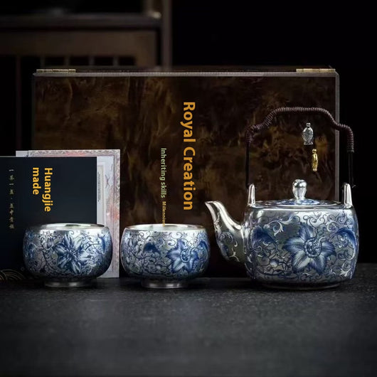 Juego de Té Taotie Chapado en Oro y Plata - Tetera Artesanal de Lujo - Image 9