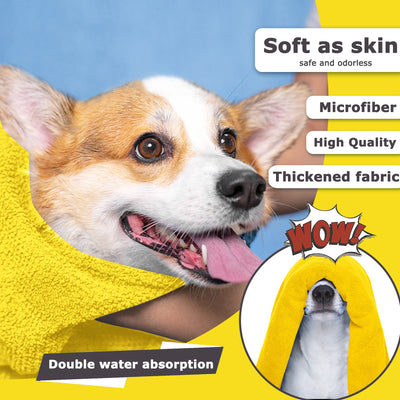 Yellow microfiber pet drying towel with black trim draped over a bathtub, with a golden retriever, poodle, and cat. - Image 6