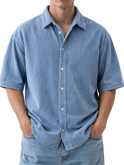 Camisa de Pana Suelta para Hombre - Manga Corta Color Sólido - Image 7