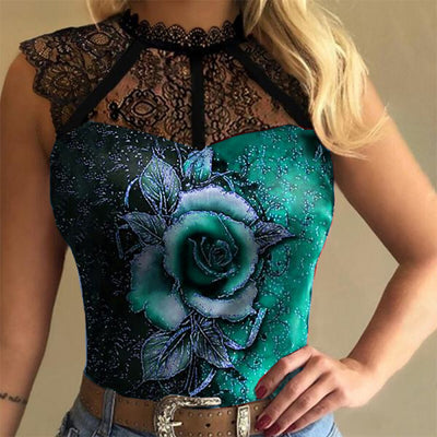 Blusa Casual Ajustada con Encaje Estampado para Mujer