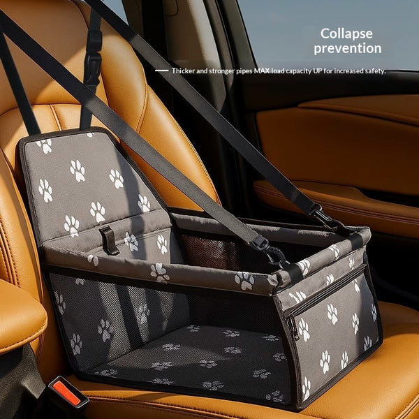 Gray portable pet carrier with mesh windows, a top handle, and side pocket, measuring 49cm H x 48cm W x 50cm L.