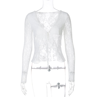 Cardigan de Encaje Transparente con Escote V y Cordones - Image 6