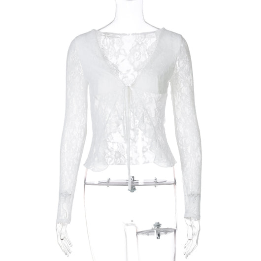 Cardigan de Encaje Transparente con Escote V y Cordones - Image 6
