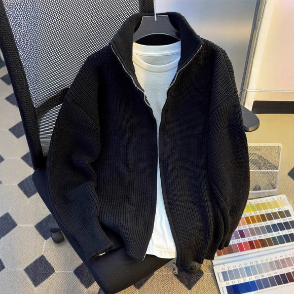 Men's Retro Hip Hop Knitted Cardigan with Zipper - Warm Sweater