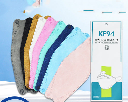 A fan of multi-colored KF94 fish-shaped masks in pink, blue, teal, white, gold, black, and grey, next to a packaged mask. - Image 19