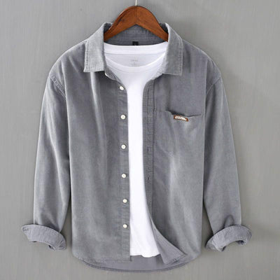 Camisa de Pana Manga Larga Estilo Japonés para Hombre - Colores Sólidos Primavera Otoño