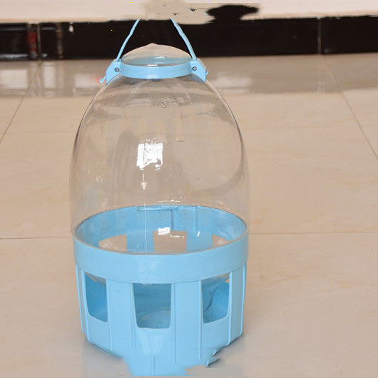 Transparent pet drinker with a light blue base and handle, designed for chickens or small birds. - Image 6