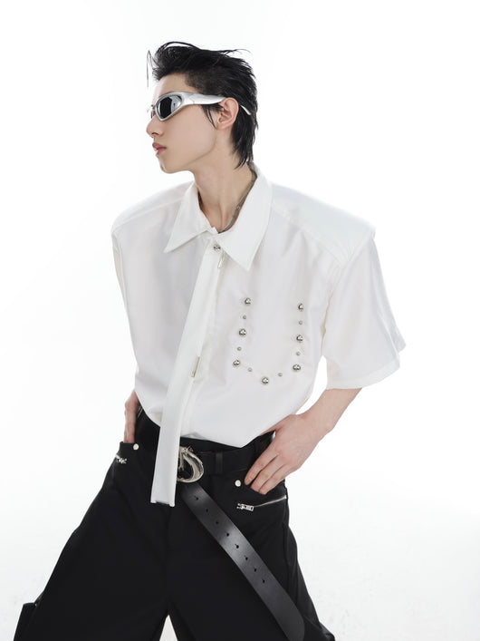 Camisa Casual de Manga Corta con Hombreras Acolchadas y Detalles Metálicos - Image 9