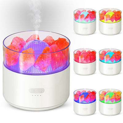 White cool-mist humidifier and aroma diffuser with glowing blue LED lights and orange crystal salt rocks, emitting mist. - Image 3