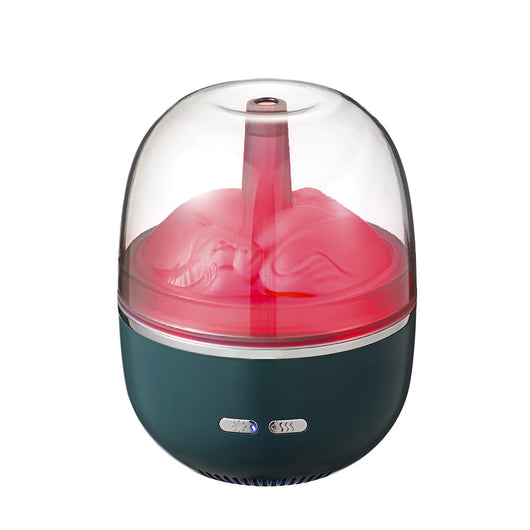 White essential oil diffuser and humidifier with a clear dome top, glowing red inside, and blue LED base light. - Image 9