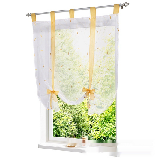 White sheer Roman window screen with red embroidered floral patterns and red ribbon ties, hanging from a silver rod. - Image 7