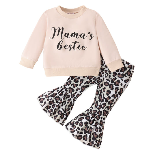 Girls' light pink "Mama's bestie" long-sleeve top with leopard print bell-bottom pants. - Image 5