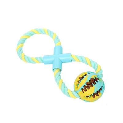 Yellow and light blue figure-eight rope dog toy with a light blue connector and a treat-dispensing rubber ball. - Image 7
