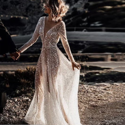 Vestido de Encaje con Lentejuelas y Espalda Descubierta para Mujer
