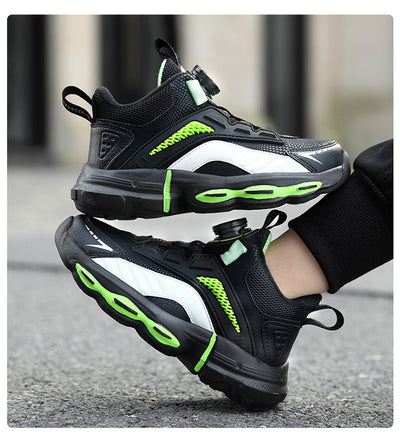 Black, white, and neon green children's basketball shoes with rotating buckle closure, featuring a mid-top design. - Image 22