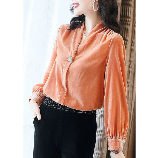 Blusa Terciopelo Dorado Cuello V Manga Larga Suelta Mujer - Image 4