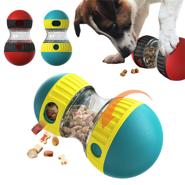Teal and yellow food dispensing dog toy with a clear middle section and treat holes, designed for slow feeding.
