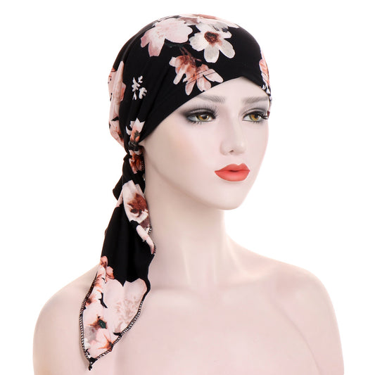 Turbante con Cola Curva y Flores - Gorro Tipo Pullover