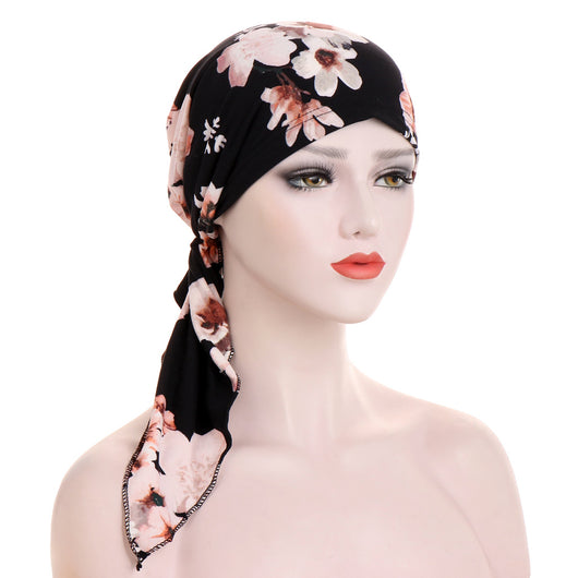 Turbante con Cola Curva y Flores - Gorro Tipo Pullover