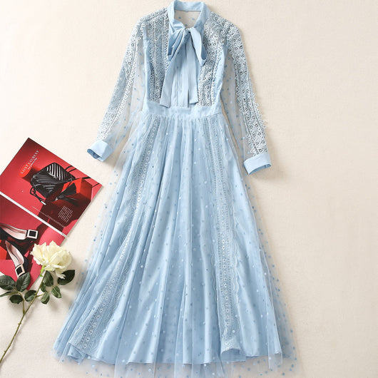 Vestido Largo de Manga Larga con Parches de Lunares y Mesh Calado - Image 6