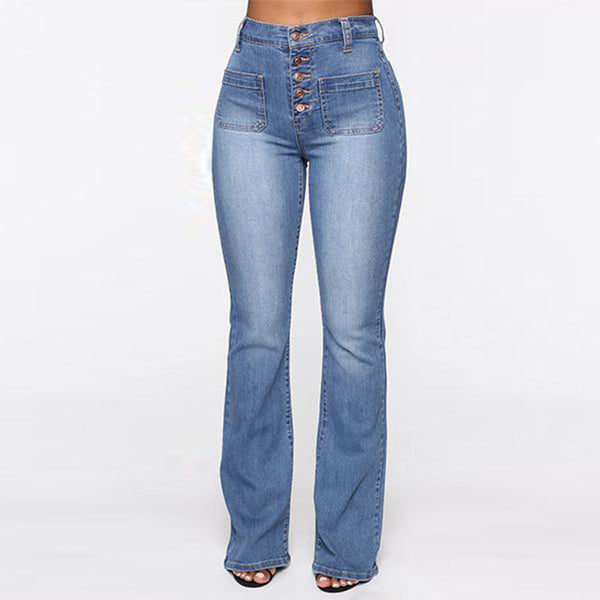 Jeans Talla Grande Mujer Cintura Alta con Bolsillos Parche Denim Lavado