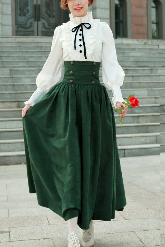 Conjunto Retro: Blusa Blanca con Mangas Linterna y Falda Verde Cintura Alta - Image 16