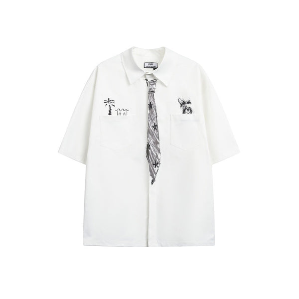 Camisa Suelta Unisex con Diseño de Corbata Pintada a Mano - Marca de Moda Japonesa