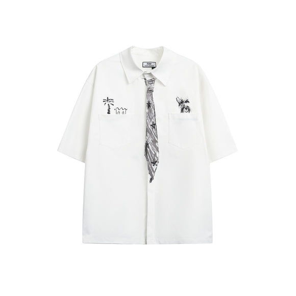 Camisa Suelta Unisex con Diseño de Corbata Pintada a Mano - Marca de Moda Japonesa