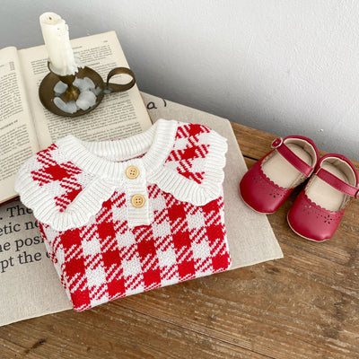 Mameluco Triangular de Punto para Bebé Niña - Diseño Cuadros Otoñal en Rojo - Image 10