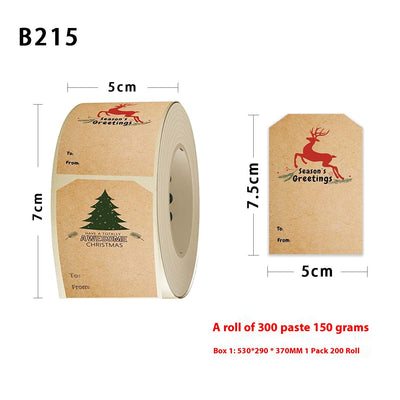 Kraft paper Christmas holiday gift sticker roll with various designs including reindeer, Christmas trees, and Merry Christmas text. - Image 6