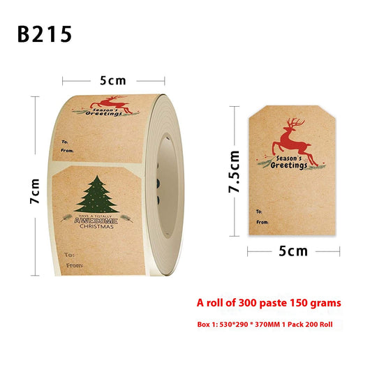 Kraft paper Christmas holiday gift sticker roll with various designs including reindeer, Christmas trees, and Merry Christmas text. - Image 6