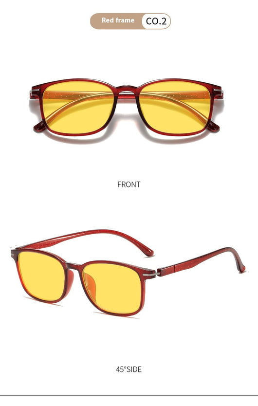 Purple frame glasses with yellow night vision lenses, featuring a subtle glitter effect on the temples. - Image 14