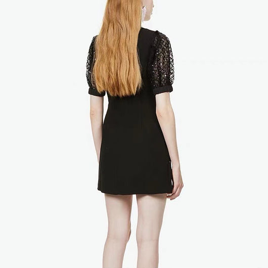 Vestido Slim con Encaje de Malla y Manga Abullonada Brillante - Image 10