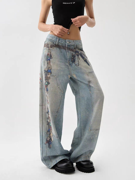 Pantalones Anchos Estilo Retro Americano con Estampado 3D Lavado - Image 12