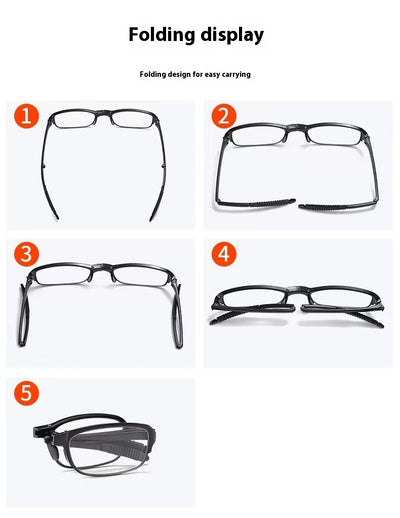 Two pairs of folding anti-blue light reading glasses, one brown and one black, partially folded on a white surface. - Image 14