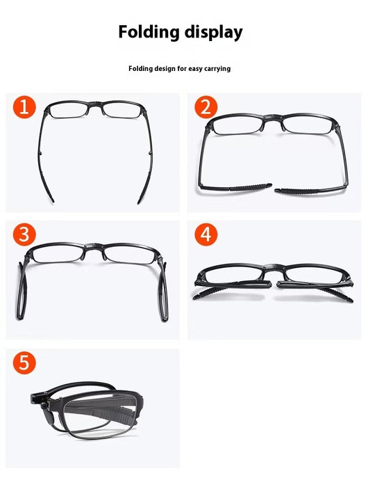 Two pairs of folding anti-blue light reading glasses, one brown and one black, partially folded on a white surface. - Image 14