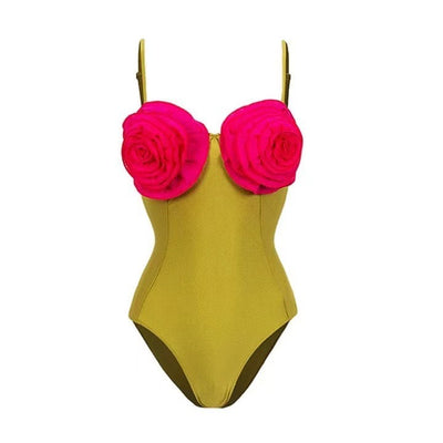 Chartreuse one-piece swimsuit with hot pink floral bust and matching mini skirt with side floral appliques. - Image 9