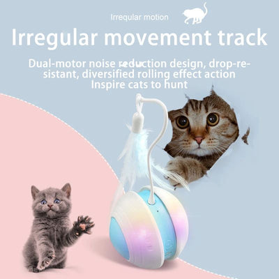 Electric pet toy ball with white and blue design, featuring a flexible arm with a blue feather teaser and a detachable feather. - Image 3