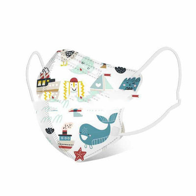 White children's 3D protective mask with a cartoon pattern of pink bears, blue cats, and trees, featuring ear loops. - Image 37