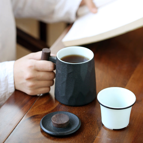 Taza de Cerámica para Oficina con Asa de Madera, Tapa y Filtro Separador