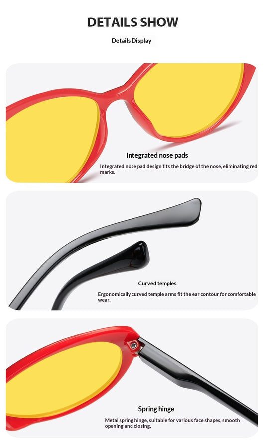 Retro cat-eye sunglasses with bright black frames and yellow night vision lenses on a white background. - Image 16