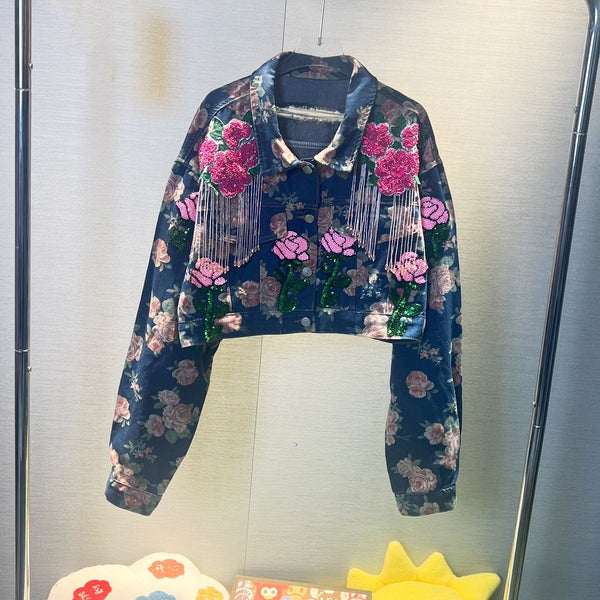 Chaqueta Denim Corta Bordada Holgada para Mujer