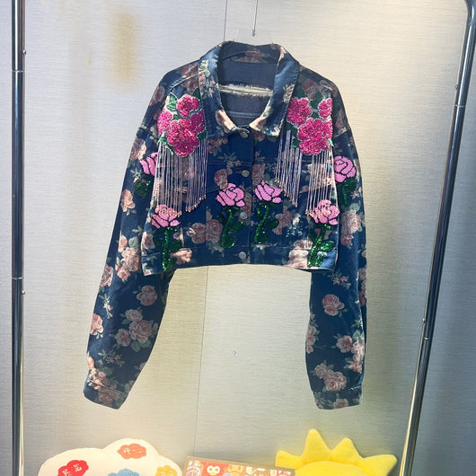 Chaqueta Denim Corta Bordada Holgada para Mujer