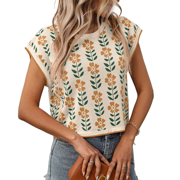 Suéter Corto Tejido con Flores, Cuello Redondo y Diseño Color Block - Image 6