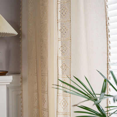 Beige crochet and plaid stitching short curtain with tassels, made from polyester cotton, hanging in a cozy room. - Image 24