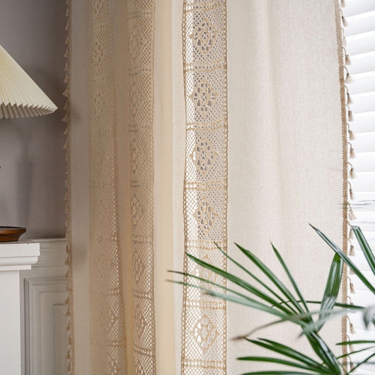 Beige crochet and plaid stitching short curtain with tassels, made from polyester cotton, hanging in a cozy room. - Image 24