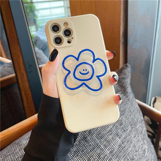 Funda de Silicona Suave para Móvil con Soporte y Diseño de Flores Azules - Image 4